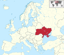 Carte administrative de l'Europe, montrant l'Ukraine en rouge.