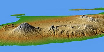 バリ島北東部の地形。左がアグン山 右のカルデラはバトゥール火山