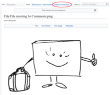 1: On a local file page, click on the "Export to Wikimedia Commons" tab (above the image).