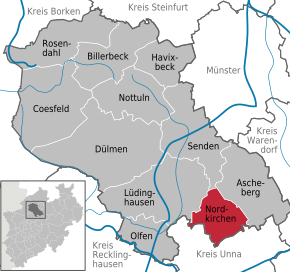 Poziția comunei Nordkirchen pe harta districtului Coesfeld