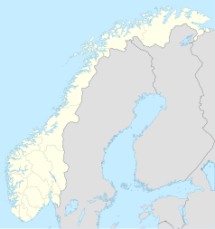 Mapa konturowa Norwegii, blisko lewej krawiędzi nieco na dole znajduje się punkt z opisem „Austnes”