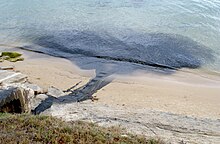 Un rejet d'eau sombre traverse une plage de sable pour venir troubler la mer.