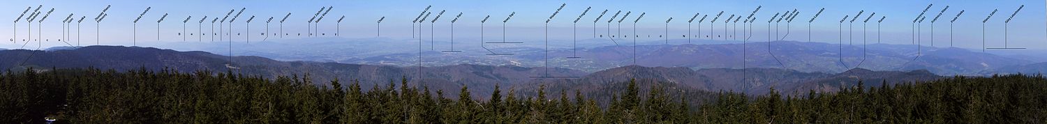 Panorama Radziejowej w kierunku zachodnim, północnym i wschodnim (na Pasmo Radziejowej, Jaworzyny, dolinę Popradu i Kotlinę Sadecką)