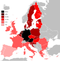 Răspândirea cunoștințelor de limbă germană pe cuprinsul Uniunii Europene (UE) în secolul XXI (România fiind încadrată în categoria cu procentele 5%–9%)