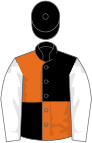 Black and orange (quartered), white sleeves, black cap