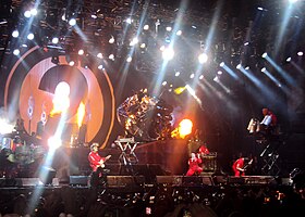 Several members of Slipknot performing onstage