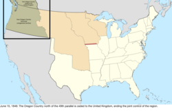 Map of the change to the United States in central North America on June 15, 1846