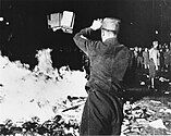 Sturmabteilung officer burning confiscated books on 10 May 1933