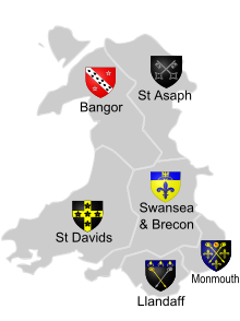 Map of the dioceses of Wales. The current Archbishop of Wales is also Bishop of Bangor.