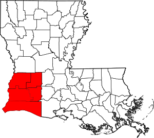 Five-parish Southwest Louisiana region (Allen, Beauregard, Calcasieu, Cameron, and Jefferson Davis) highlighted in red.