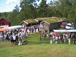 Marknadsbodarna i Nysäter under en marknadsdag. Sett från gravhögen.