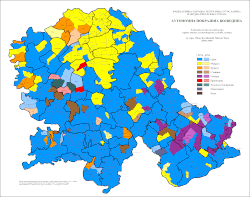 Blue=Serbs Yellow=Hungarians Orange=Croatians Brown=Slovaks Purple=Romanians Red=Montenegrins Teal=Russians and Ukrainians Dark Blue=Macedonians Maroon=Czechs