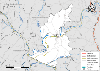 Carte en couleur présentant le réseau hydrographique de la commune