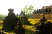 Closeup view of the temple at sunset