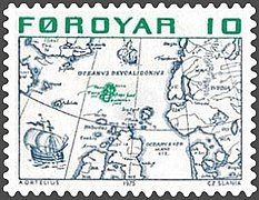 Koupon pou achte nan Zile Faroe yo repwodui yon kat jeyografik nan peyi Scandinavian yo nan 1573 (achipèl la parèt nan sant la nan imaj la).