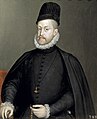 Felipe II 1527-1598, rey de España y Portugal, Flandes, Milán, Borgoña, Nápoles y Sicilia, Cerdeña, Irlanda, y rey consorte de Inglaterra, su hija fue candidata al trono de Francia. Se despuebla la península por emigración, Edad del Hielo 1570, exceso de impuestos, pastoreo e inflación crean la crisis, problema de enviar remesas a Flandes (solo de 1598 a 1604 son 42 mill. ducados), quiebra en 1575.