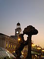 Night time photo of the Bear and the Madroño Tree, heraldic symbol of Madrid