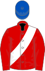 Red, white sash, royal blue cap