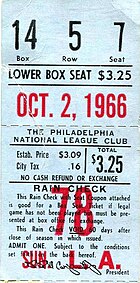 "A ticket from an October 1966 game between the Los Angeles Dodgers and the Philadelphia Phillies at Shibe Park."