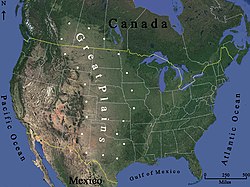 A satellite image illustrating the generalized distribution of the Great Plains. The exact boundaries may vary among context or disciplines (e.g. ecology, geology, geopolitical definitions).[1]