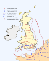 A map of Great Britain showing the range of its radar. The ranges reach out into the North Sea, English Channel and over northern France