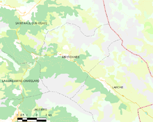 Carte élémentaire montrant les limites de la commune, les communes voisines, les zones de végétation et les routes