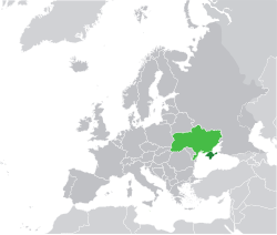 Lokasi Krimea (hijau gelap) sehubungan dengan Ukraina (lampu hijau) di peta Éropa.