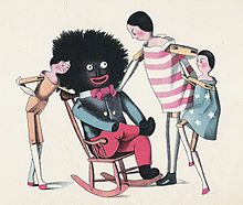 A drawing of three white children wooden dolls surrounding a golliwog doll seated on a rocking chair, with large afro hair and red lips