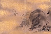 Telas dobráveis de Inoshishi-zu de Mori Sosen. Período Edo, Japão, Século XVIII-XIX