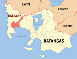 Mapa ng Batangas na nagpapakita ng lokasyon ng Balayan.