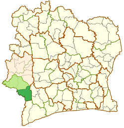 Location (dark green) in Cavally region (light green) and Montagnes district (orange) in Ivory Coast. Taï Department has retained the same boundaries since its creation in 2013.