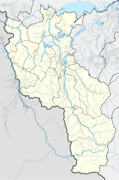 Mapa konturowa powiatu cieszyńskiego, na dole nieco na prawo znajduje się punkt z opisem „Jasnowice”