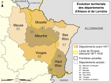 Carte du Nord-Est de la France montrant la frontière de l'Empire allemand séparant le Haut-Rhin de l'actuel Territoire-de-Belfort, rajoutant deux cantons vosgiens au Bas-Rhin, coupant l'ancien département de la Meurthe en son tiers nord-est et l'ancien département de la Moselle en son quart ouest. Les deux territoires nord-est ont formé le département actuel de la Moselle et ceux du sud-ouest l'actuel département de Meurthe-et-Moselle.