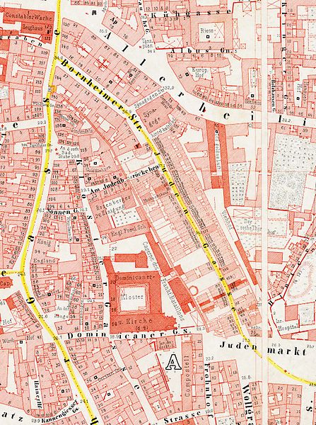 Ravensteinplan (1861). Das nördliche Drittel der alten Judengasse ist durch die breitere Bornheimer Straße ersetzt worden. Weiter südlich ist genau zu sehen, welche Häuser in der Judengasse abgerissen wurden.