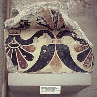 Ancient Greek palmettes on a fragment from the Temple of Apollo in Corinth, Greece, c.550 BC, painted terracotta, Archaeological Museum of Ancient Corinth