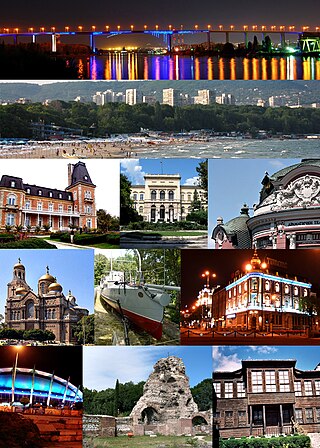 ซ้ายไปขวา: Asparuhov most, Black Sea beach, Euxinograd, Varna Archaeological Museum, Stoyan Bachvarov Dramatic Theatre, Dormition of the Theotokos Cathedral, Drazki torpedo boat, Navy Club, Palace of Culture and Sports, Ancient Roman baths, Varna Ethnographic Museum