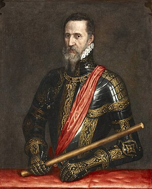 Un siglo más tarde que el de Santillana, Fernando Álvarez de Toledo, tercer duque de Alba (pintado por Tiziano) pertenece a una nobleza cuya máxima aspiración es figurar en el mejor puesto del servicio de una monarquía indiscutible. Destacado general de Carlos V y Felipe II, fue gobernador de Milán (1555), virrey de Nápoles (1556) y gobernador de los Países Bajos (1566), donde la leyenda negra le pintó como estereotipo negativo de hidalgo español. Caído en desgracia por un asunto matrimonial familiar, volvió a dirigir los ejércitos en la campaña de Portugal (1580). Los Alba encabezaron la facción imperial, albista, hispanista o castellanista -opuesta a los ebolistas en el siglo XVI, y a los ensenadistas en el XVIII-.