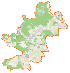 Mapa konturowa gminy Kolbudy, blisko centrum na prawo u góry znajduje się punkt z opisem „Bąkowo”