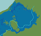 Lake Ladoga as part of the Baltic Ice Lake (between 11200 and 10500 yr BP). The light blue line marks the margin of the ice sheet by 13300 cal yr BP.