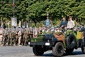 President Nicolas Sarkozy tijdens de militaire parade in Parijs, 2008.