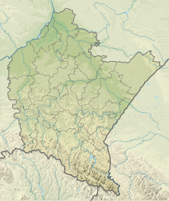 Mapa konturowa województwa podkarpackiego, blisko dolnej krawiędzi znajduje się punkt z opisem „źródło”, natomiast na dole znajduje się punkt z opisem „ujście”