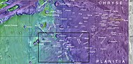 Map showing relative positions of several channel systems in Lunae Palus quadrangle, including the Vedra Valles, Maumee Valles, and Maja Valles. Box indicates where these valleys can be found. Colors show elevation.