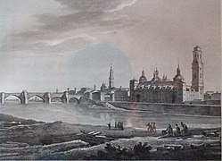 Basilica d'o Pilar en 1806. Grabau de Robert Daudet a partir d'un dibuixo de Louis François Léjeune.