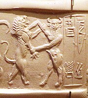 Possible depiction of Enkidu as a bull-man, fighting a lion, Akkadian Empire seal, circa 2200 BC.[24][7]