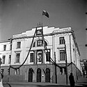 Ministry of Finance of Lithuania Building in Kaunas, decorated with portraits of Antanas Smetona, Vytautas the Great, Vytis and the Columns of Gediminas, 1930