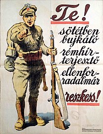 "Você! Contra-revolucionário espalhador de boatos à espreita no escuro, trema!” Hungria, 1919, época da República Soviética Húngara