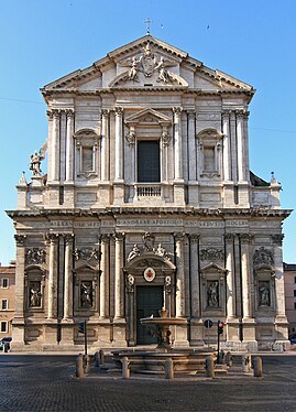 Kyrkan Sant'Andrea della Valles fasad. Ferrata har utfört ängeln till vänster på övervåningen.