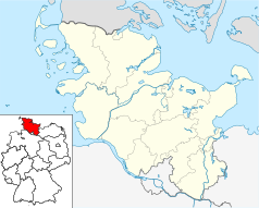 Mapa konturowa Szlezwika-Holsztynu, na dole znajduje się punkt z opisem „Schenefeld”