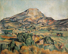 Tableau d'une montagne surmontant un chaleureux paysage de type provençal.