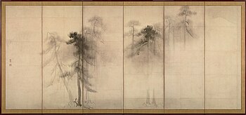 Tallar (före 1600) Tusch på papper (byōbu, vikvägg). Var del mäter 156,8 x 356,0 cm.[5]